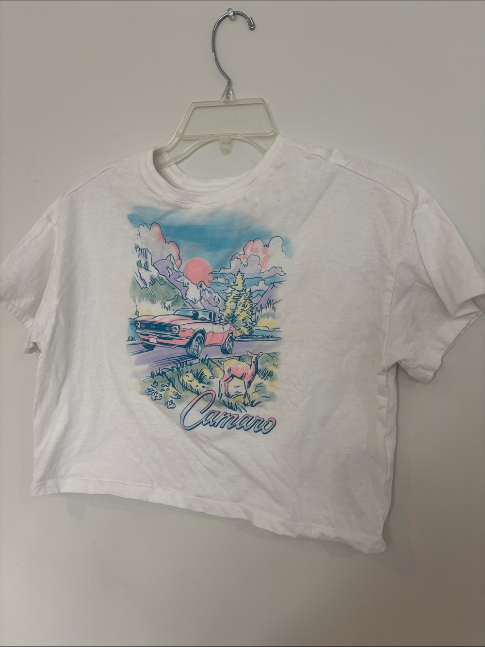 Old Navy White Crop Tee with Pink & Blue Camaro Graphic